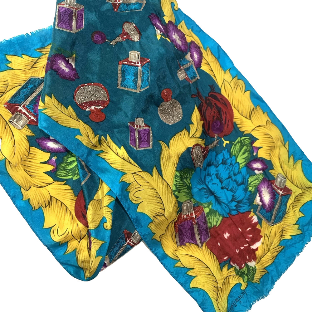 Oscar de la Renta Studio Floral Rectangle Scarf Bright Blue Gold 10"x48" *READ*
